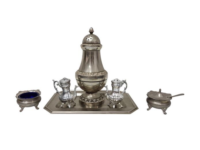 Vintage Silver-Plated Condiment and Cruet Set with Serving Tray