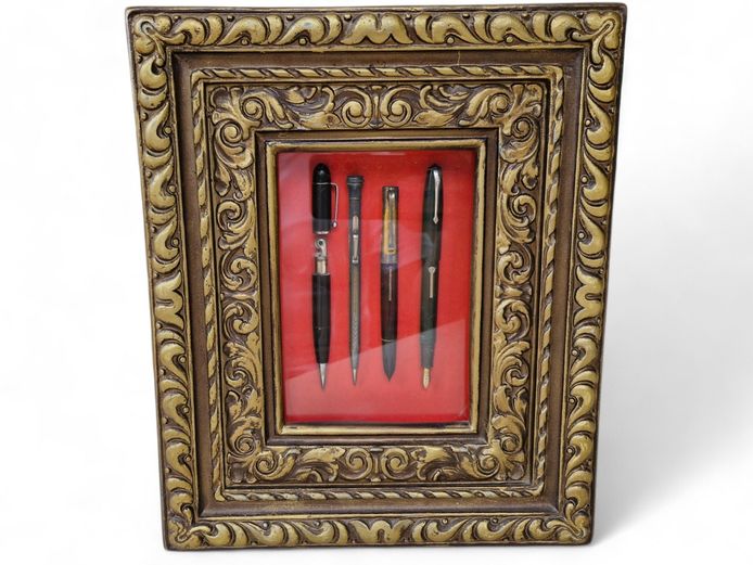 Vintage Pen Collection in Ornate Gilded Framed Shadow Box