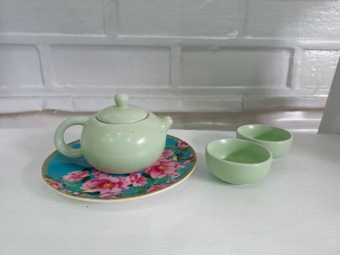 Ceramic Mini Japanese Tea Set with Floral Saucer