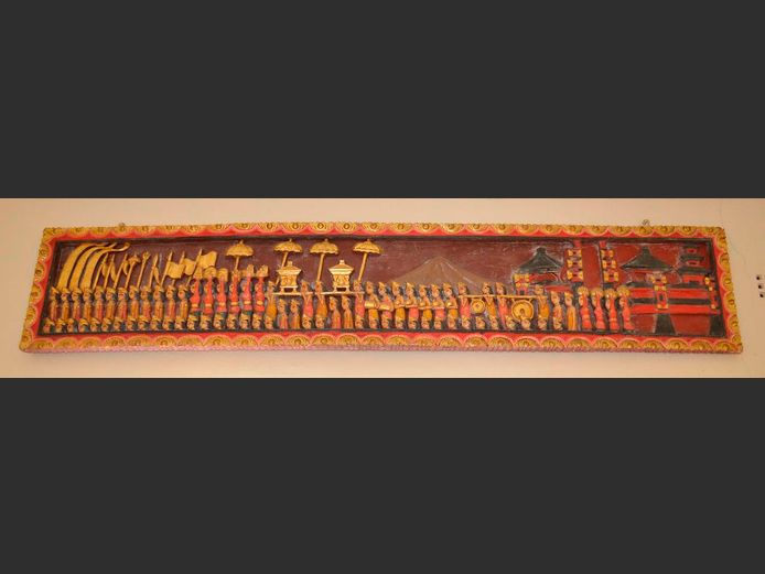 LARGE ORNATELY CARVED & PAINTED WALL MOUNT FUNERAL PROCESSION, 202 x 38cm