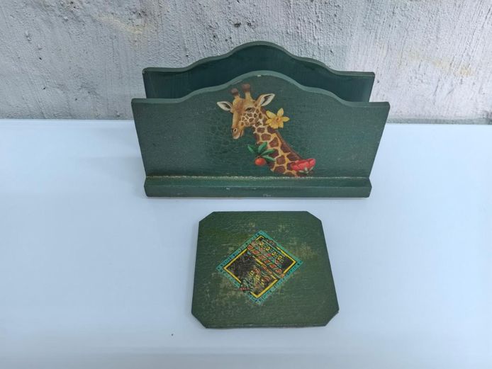 Vintage Giraffe Theme Wooden Napkin Holder & Matching Coaster