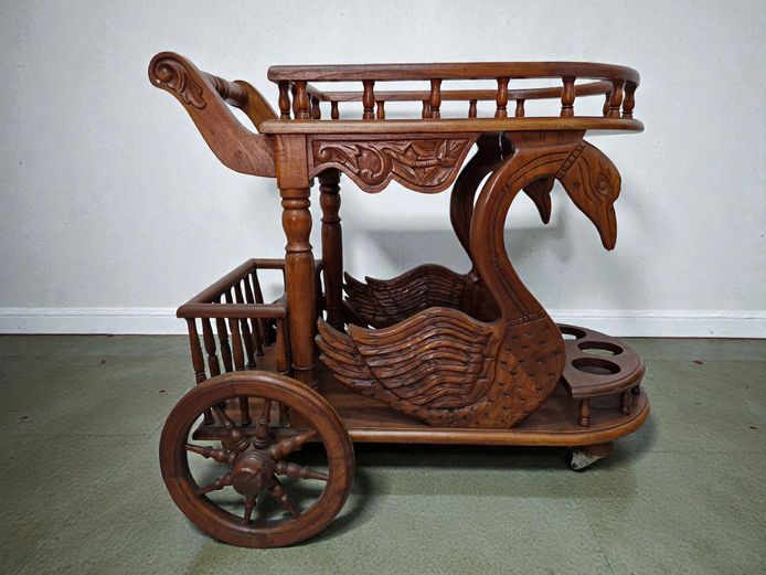 Vintage Tea Cart with Carved Mahogany Swan