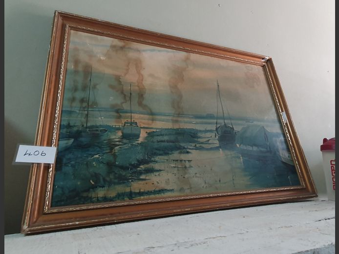 FRAMED PRINT "FISHING BOATS", SIGNED W.F BURTON, 75 x 50cm