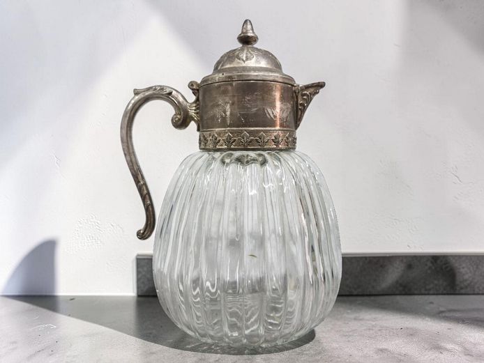 Victorian Ribbed Glass Claret Jug with Silver-Plated Mounts