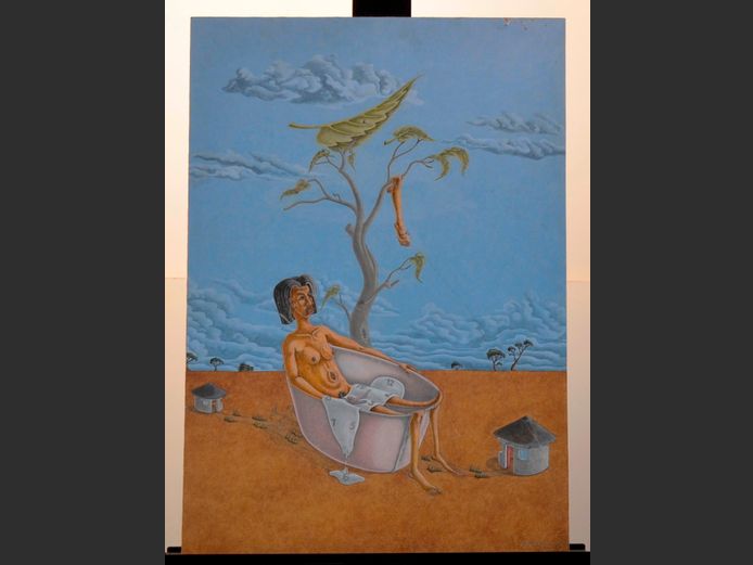 ZONDI SKOSANA OIL ON BOARD "TIME TO GET TOGETHER", 48 x 68cm