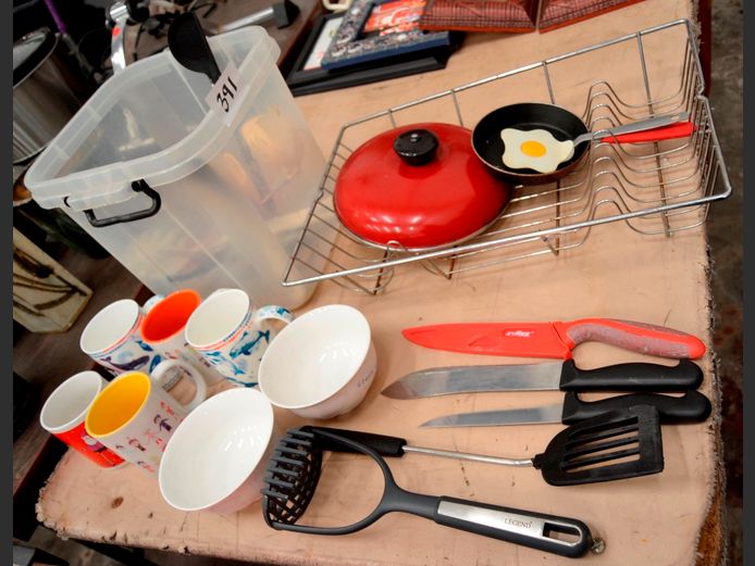 CHROME DISH RACK, MUGS, KITCHEN UTENSILS, etc