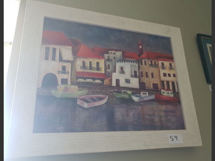 FRAMED OIL ON BOARD "BOATS AT DOCKS" SIGNED LONI