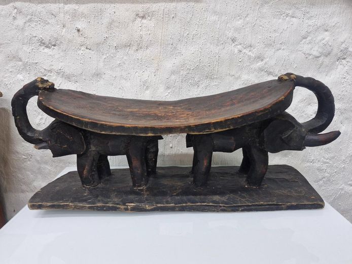 Large Vintage Hand-Carved African Wooden Elephant Headrest / Stool