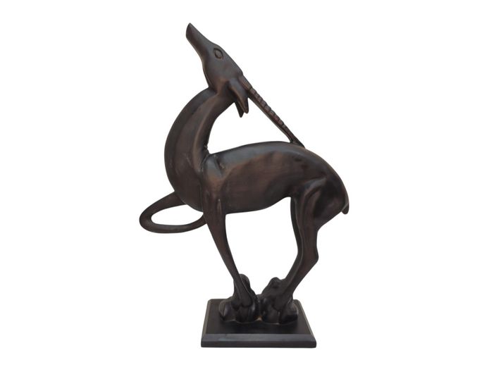 Mid-Century Modern Hand-Carved Solid Wood Stylized Antelope Sculpture