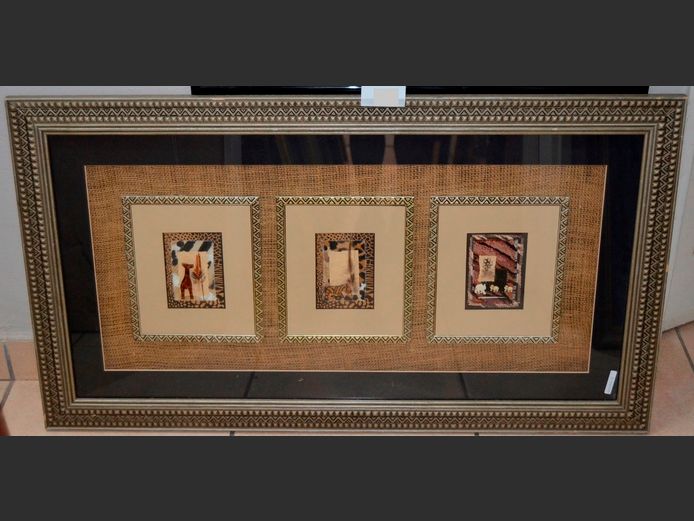 FRAMED KUBA CLOTH UNDER GLASS, 108.5 x 61cm