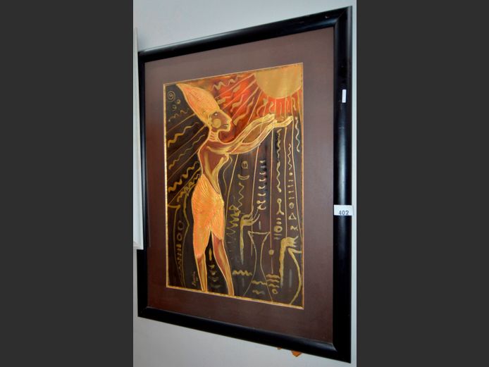 FRAMED UNUSUAL EGYPTIAN PAINTING SIGNED MARETHA, 95 x 65cm