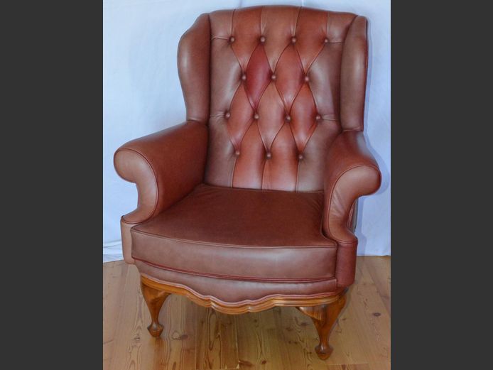 CHESTERFIELD DARK RED LEATHER WINGBACK ARMCHAIR [Sun bleached on back]