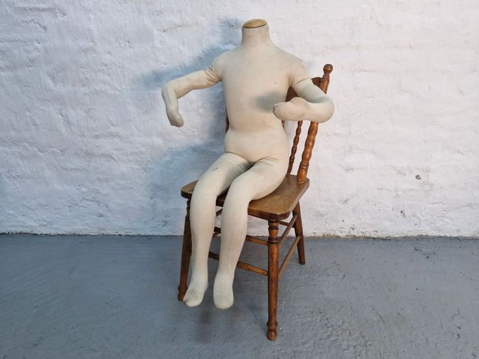 Vintage-Style Carved Wooden Chair with Poseable Wire-Frame Fabric Mannequin