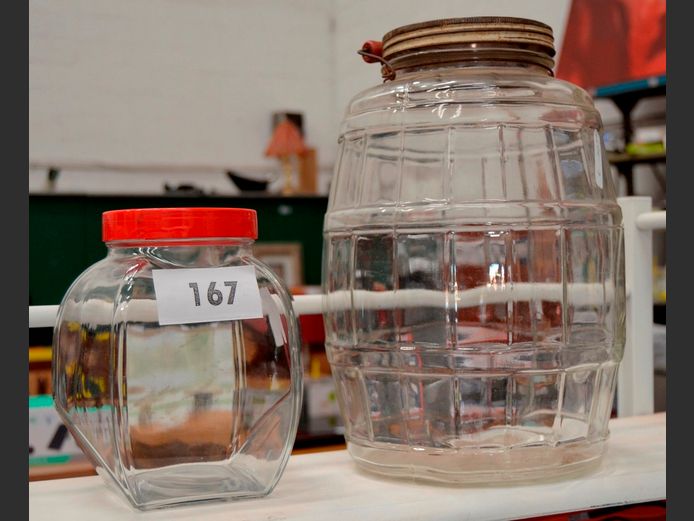 LARGE VINTAGE GLASS PICKLE JAR & A COOKIE JAR