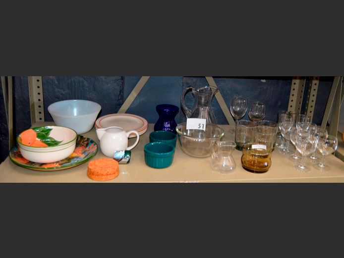 GLASS JUG, WINE GLASSES, SIDE PLATES, etc