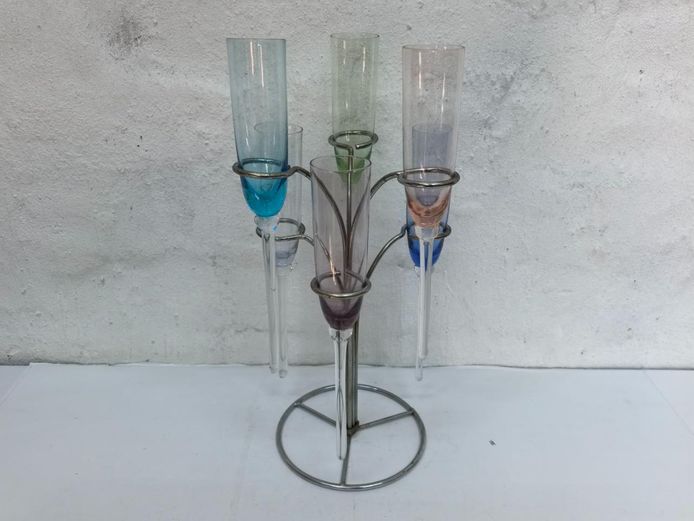 Vintage Multi-Coloured Glass Tasting Flutes with Metal Stand