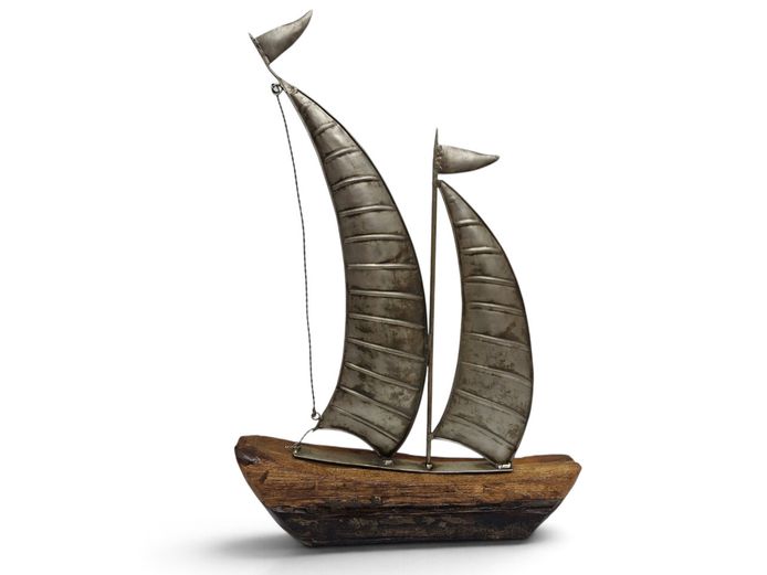 Vintage Handcrafted Metal & Driftwood Sailboat Sculpture