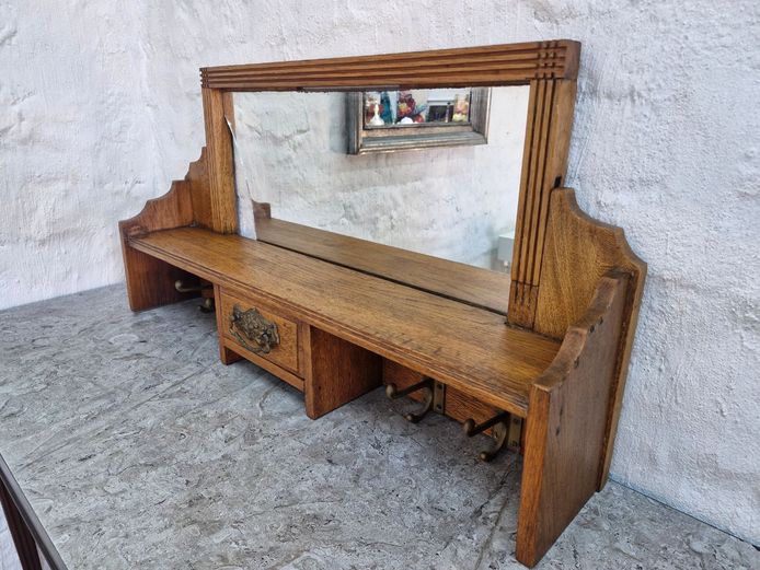 Vintage Wooden Entryway Mirror with Storage Drawer and Coat Hooks