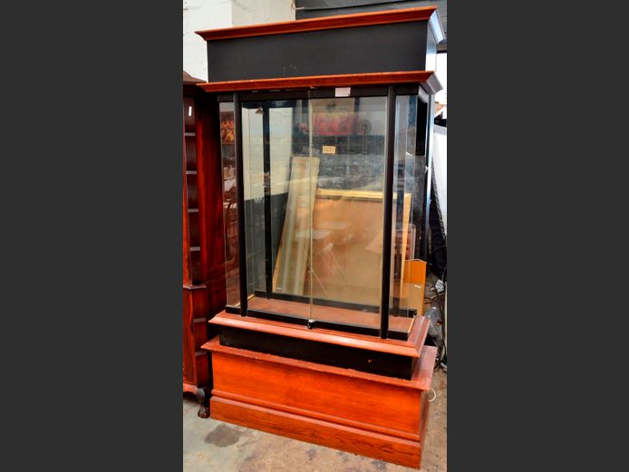OAK & GLASS 2 DOOR DISPLAY CABINET- 115 x 45 x 210cm [2x glass side panels needed, shelves needed, doors open, no keys]