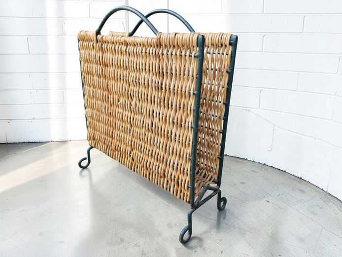 Mid-Century Wrought Iron and Woven Wicker Magazine Rack