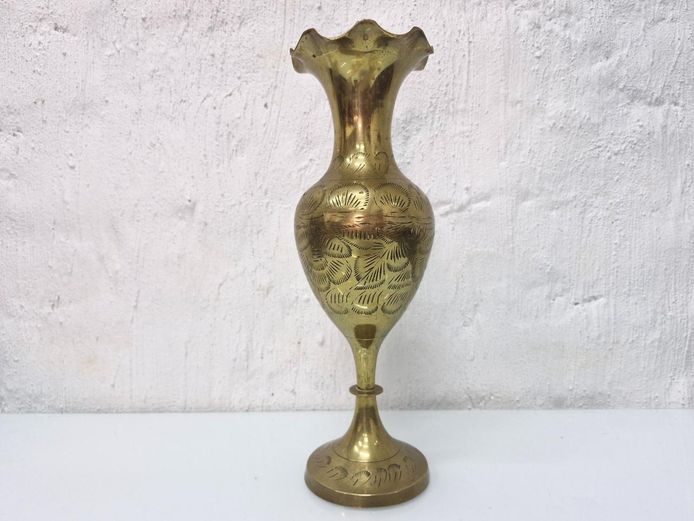 Etched Brass Goblet Vase with Ruffled Top
