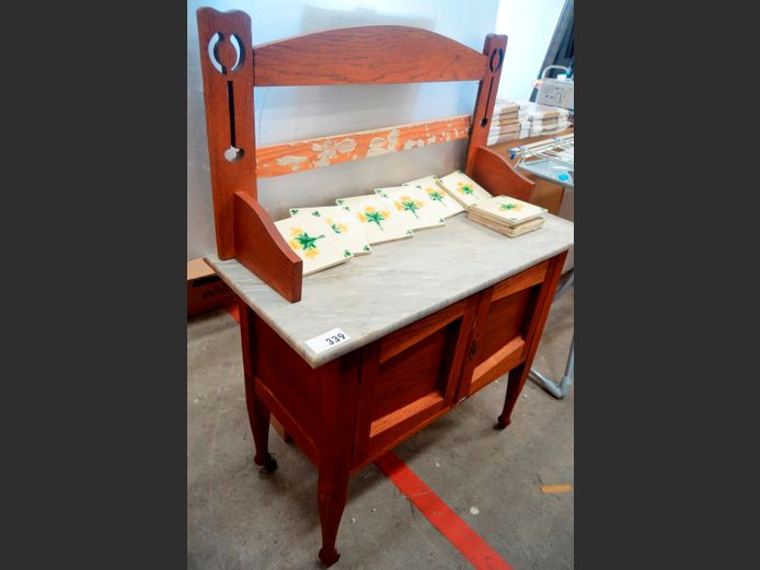 OAK 2-DOOR WASH STAND WITH MARBLE TOP, 96 x 43 x 125cm [tiles loose on splash back]