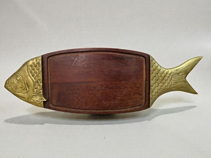 Mid-Century Modern Brass & Wood Fish Serving Board