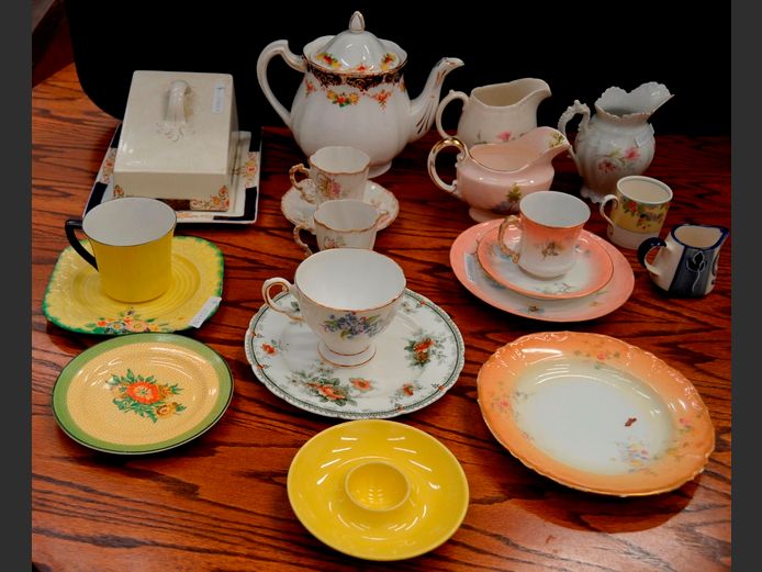 ROYAL STANDARD TEAPOT, LIMOGES TRIO, ROSENTHAL SOUP BOWL, LIDDED BUTTER DISH, etc