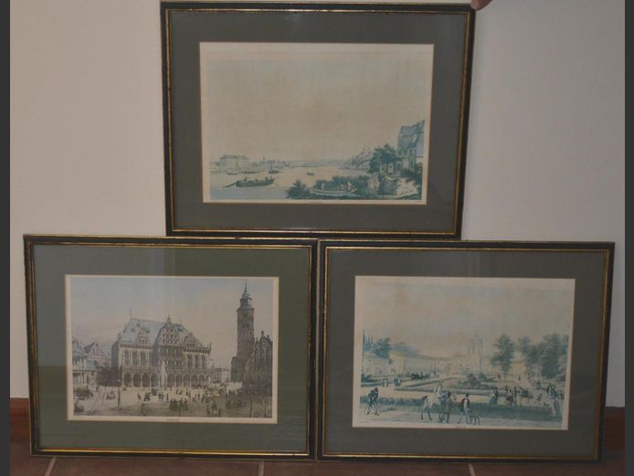 SET OF 3 FRAMED ANTIQUE GERMAN PRINTS, 33 x 21cm
