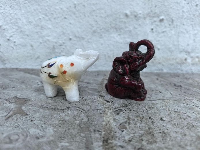 Pair of Miniature Elephant Figurines in Marble and Resin