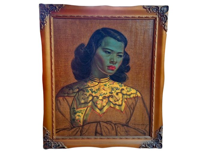 After Tretchikoff Chinese Girl Green Lady Vintage Textured Embossed Print