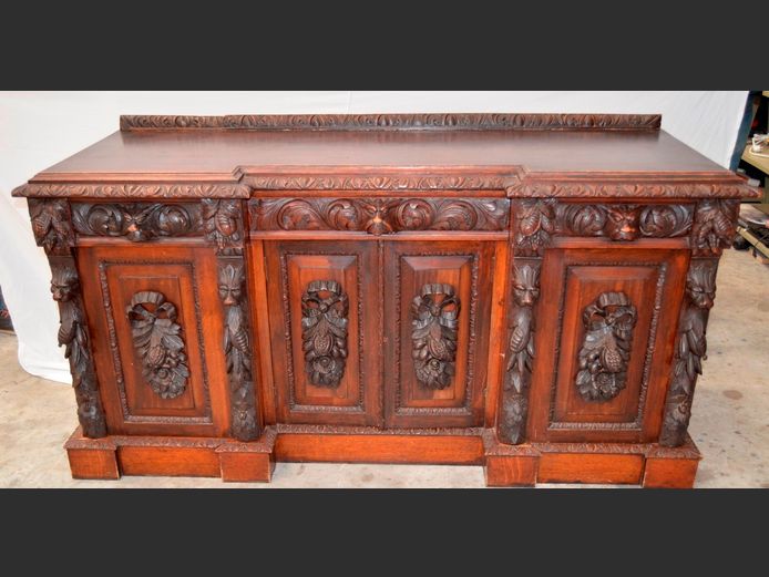 JACOBEAN CARVED STAINED OAK 4-DOOR, 3-DRAWER SIDEBOARD, 184 x 66 x 96cm