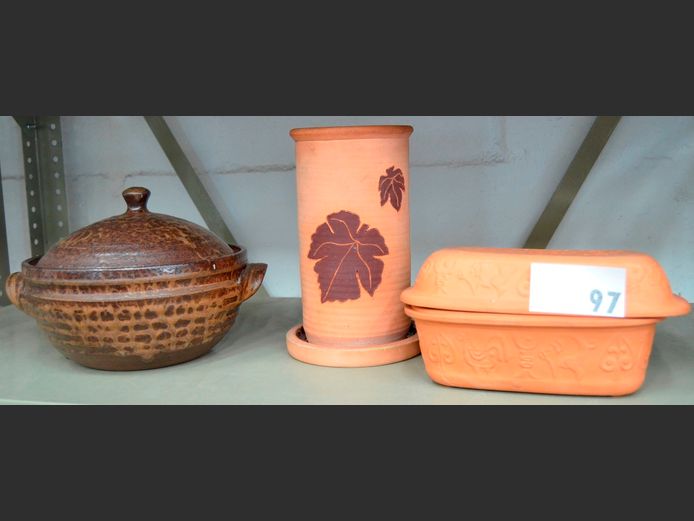 MINI ROMERTOPF CASSEROLE, POTTERY CASSEROLE DISH & A TERRACOTTA WINE COOLER