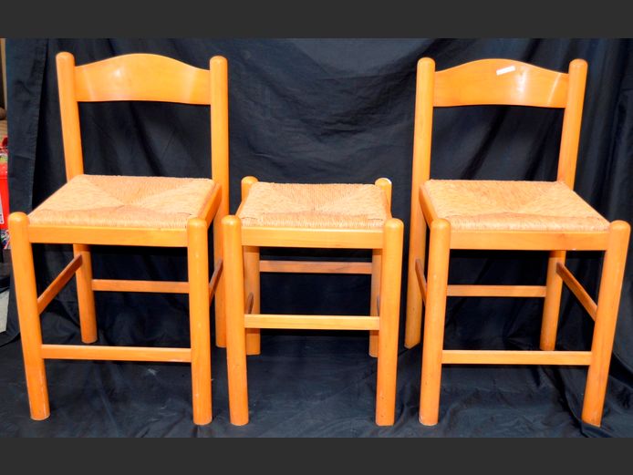 PAIR BEECHWOOD CHAIRS WITH SEA GRASS SEATS & MATCHING STOOL