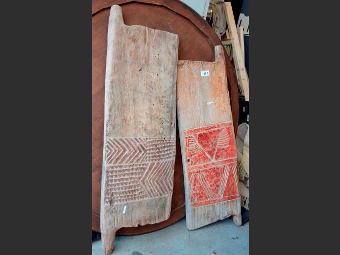 LOT OF 2: CARVED AFRICAN HUT DOORS, 143 x 45cm & 150 x 50cm