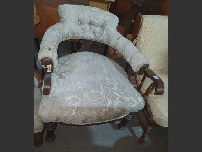 MAHOGANY & GREY UPHOLSTERED BUTTON BACK ARMCHAIR