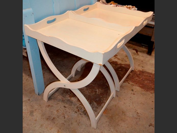 PAIR WHITE BUTLER'S TRAY STYLE SIDE TABLES, 60 x 45 x 67cm [Some bumps]
