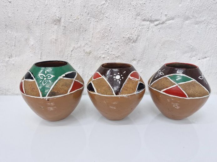 Trio of Small Hand-Painted African Clay Vessel Pots