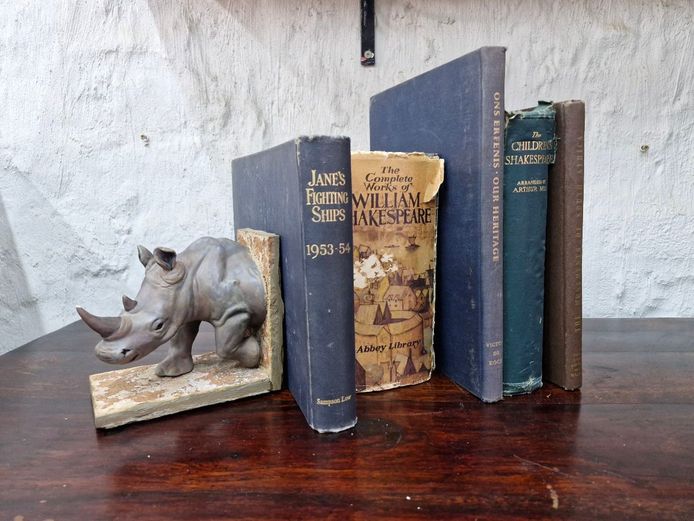 Collection of Old Vintage Books & Rhino Bookend