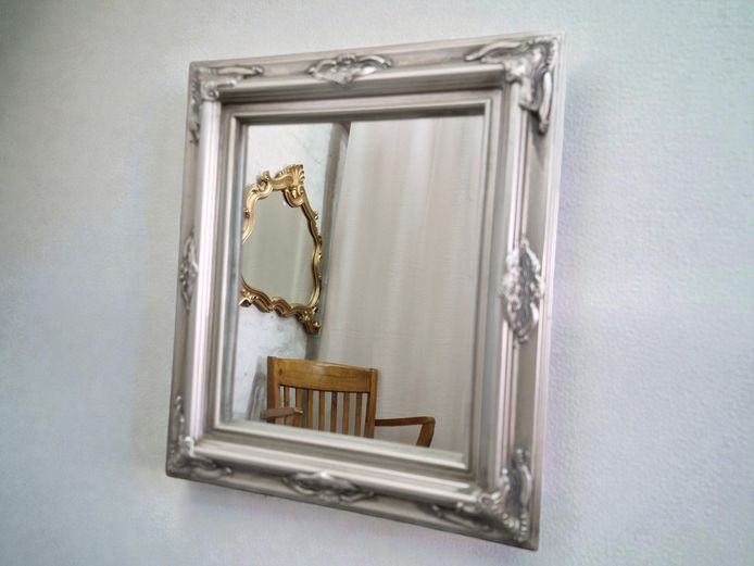Cartouche Scroll Framed Mirror with Spaced Cartouche Motifs