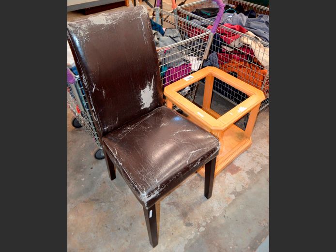 BEECHWOOD SIDE TABLE WITH BOTTOM SHELF, 49 x 49 x 46cm [Glass needed] & A BROWN LEATHER DINING CHAIR [Peeling]