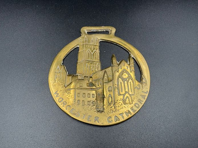 Vintage Brass Horse Harness Medallion – Worcester Cathedral Open-Work Commemorative Design