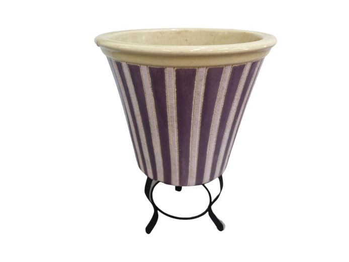 Vintage Striped Ceramic Planter with Metal Stand