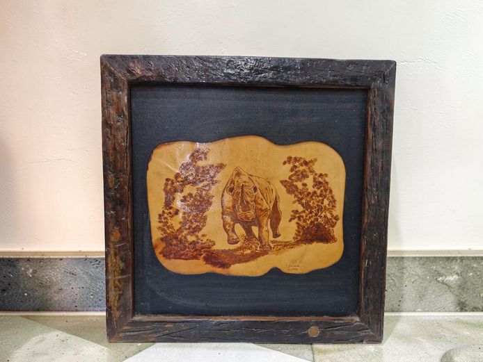 Pyrography Rhino Leather Art by J. Erasmus (2004)