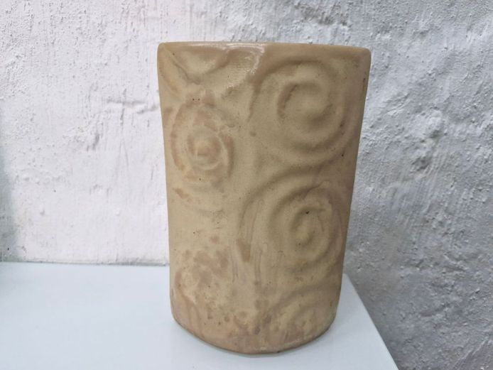 Studio Pottery Terracotta Elliptical Oval Vase with Carved Spiral Swirl Patterns
