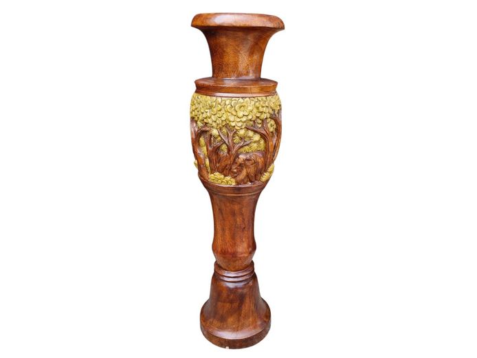 Large Floor Standing Hand-Carved Wooden Vase