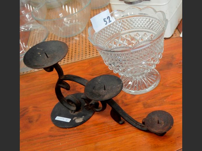 VINTAGE ANCHOR HOCKNEY WEXFORD CUT GLASS FOOTED PEDESTAL BOWL & A WROUGHT IRON CANDLE STAND, 20cm Diameter x 18cm High & 35 x 13 x 19cm