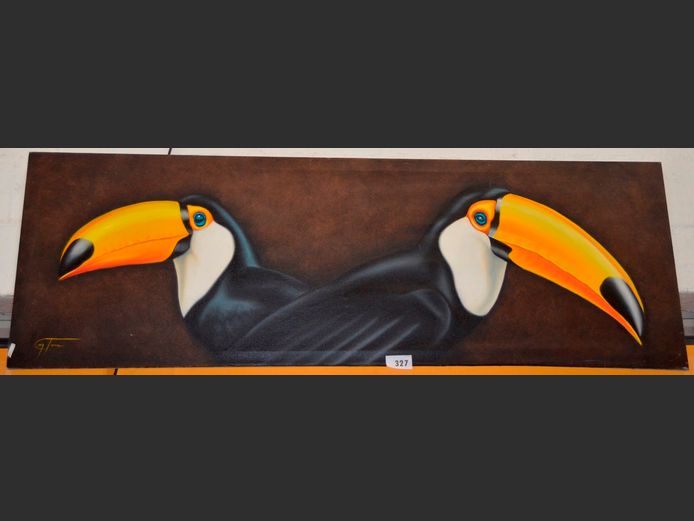 UNFRAMED OIL  ON CANVAS "TOUCANS", 183 x 50cm