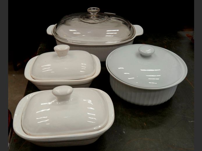 WHITE CASSEROLE WITH LID & SERVING DISHES WITH LIDS