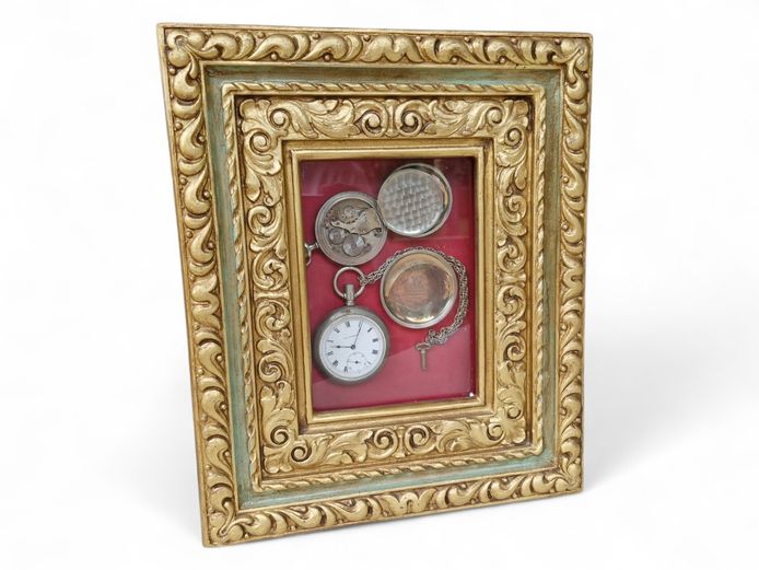 Antique Silver Pocket Watches in Ornate Gilded Frame